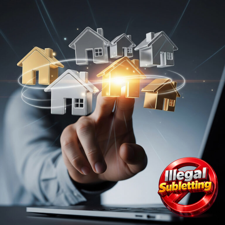 Digital houses connected around a central home icon symbolising monitoring of rental properties and illegal subletting.