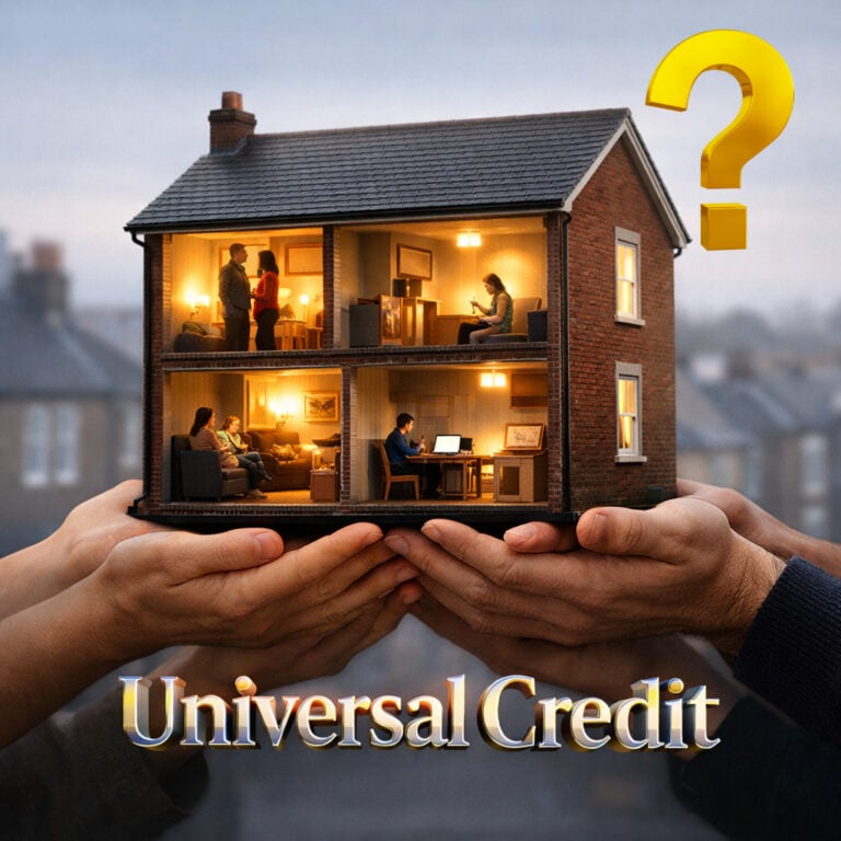 Model house held in hands with tenants inside, illustrating Universal Credit challenges for private landlords