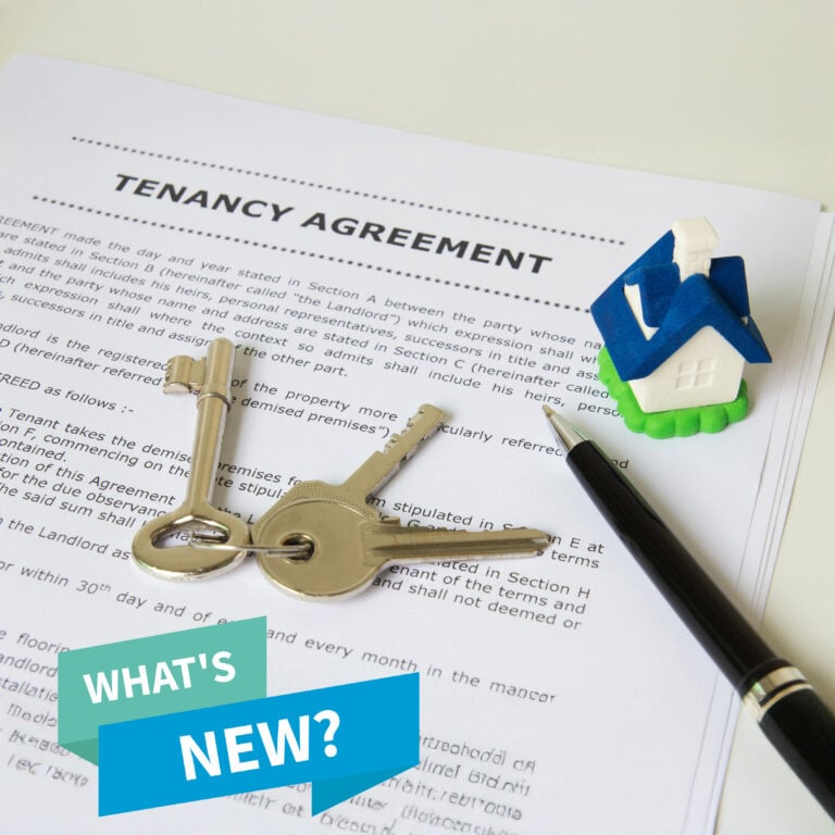 Tenancy agreement document with keys, pen, and model house illustrating new rental rules