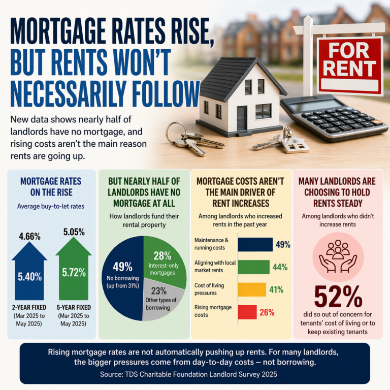 Infographic showing UK buy-to-let mortgage rates rising while rents are driven more by costs, with nearly half of landlords owning property outright.