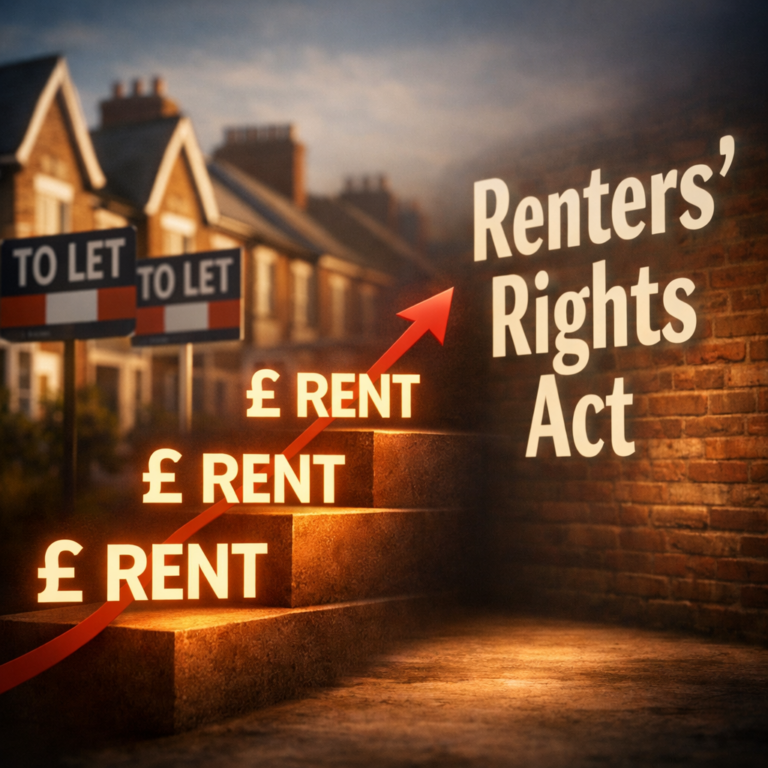 Rising UK rents illustrated by upward steps and “To Let” signs as Renters’ Rights Act approaches
