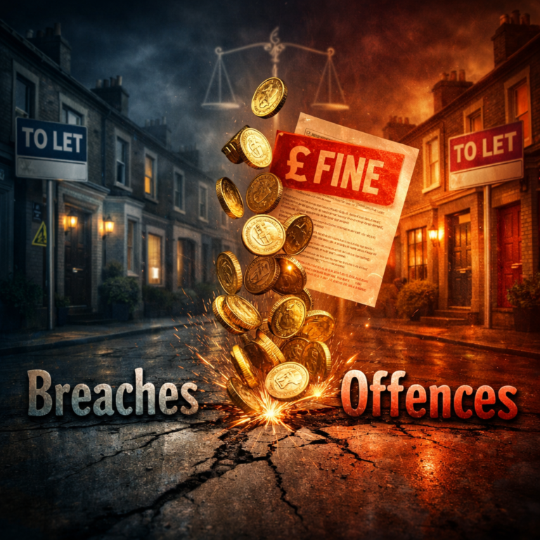 Falling coins and £7,000 fine notice symbolising penalties under Renters' Rights Act changes