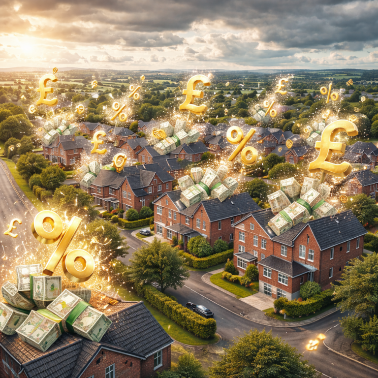 Illustration of buy-to-let homes with pound signs and cash, representing landlord remortgaging and rental yields