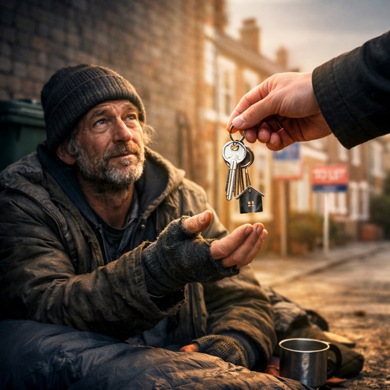 Homeless man receiving house keys symbolising access to social housing support