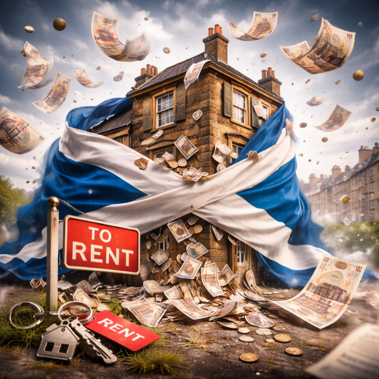 Scottish house wrapped in flag with money flying around and rent sign, symbolising housing cost pressures