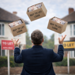 Landlord juggling multiple buy-to-let loan boxes, symbolising complex mortgage portfolio management