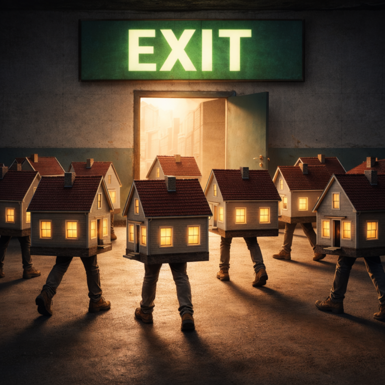 Illustration of landlords carrying houses toward an exit, symbolising rental homes leaving the private rented sector