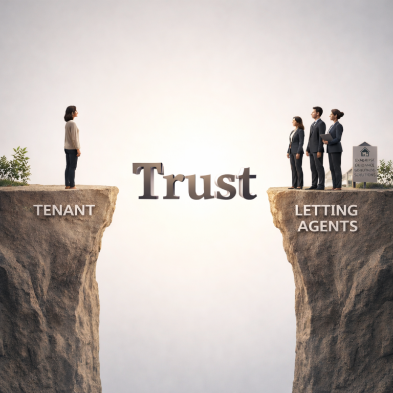 Tenant and letting agents facing each other across a gap labeled trust, symbolising confidence issues