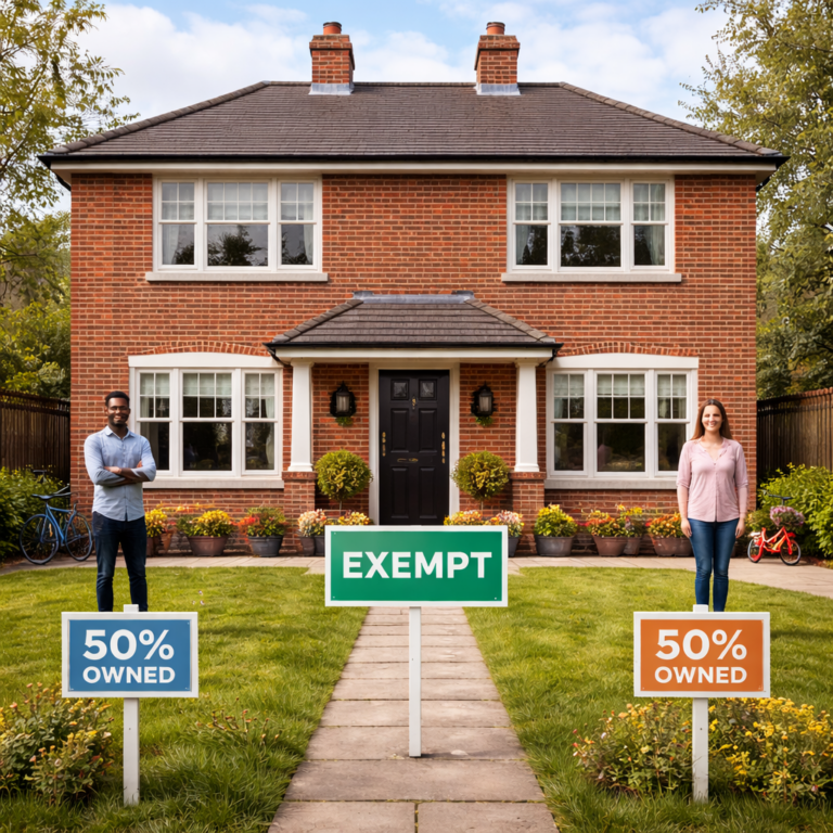 Shared ownership home with two owners each holding 50% stake and exemption sign in front yard