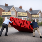 Two men pushing large “complaints” text in front of buy-to-let homes, symbolising housing complaints issues