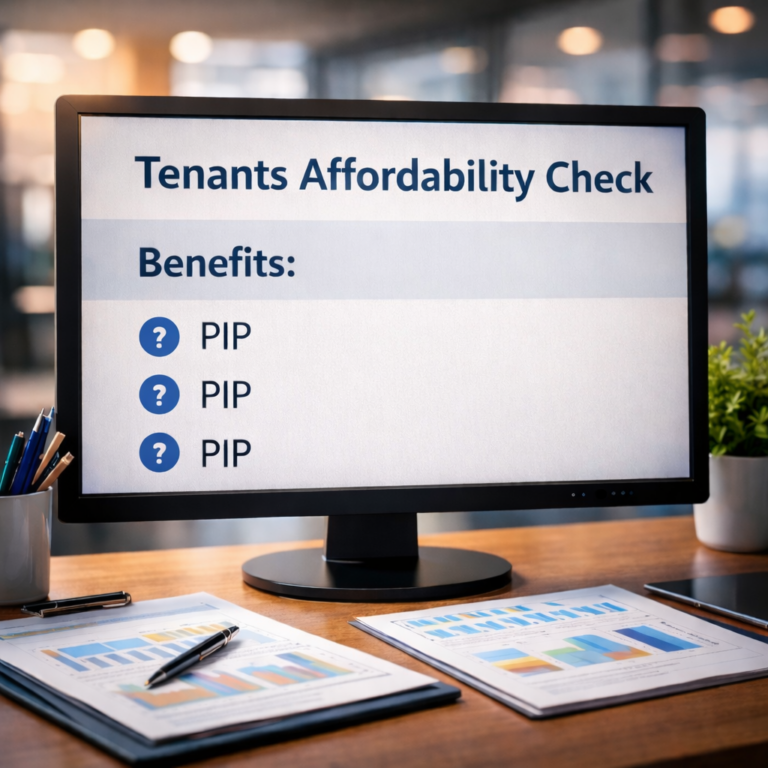 Tenant affordability check screen showing benefits like PIP being assessed for rental referencing