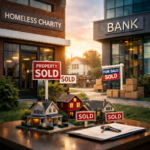 Model homes and sold signs symbolising Crisis and Lloyds’ plan to buy affordable housing for homeless people