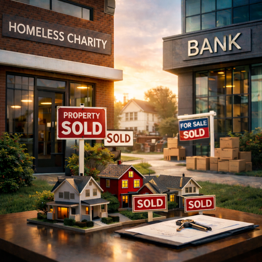 Model homes and sold signs symbolising Crisis and Lloyds’ plan to buy affordable housing for homeless people