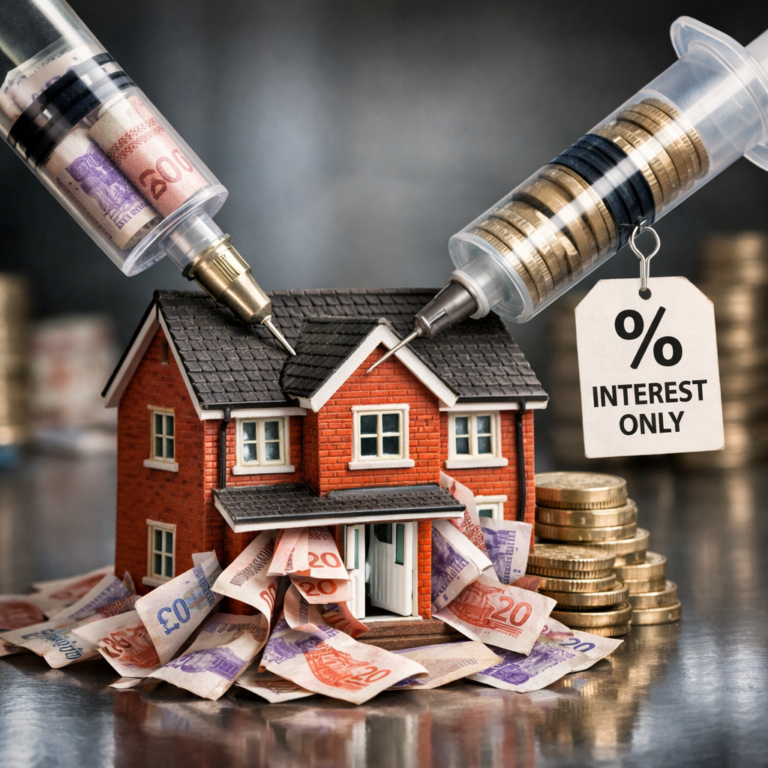 Model house with cash, coins and an interest-only tag illustrating rising buy-to-let borrowing costs