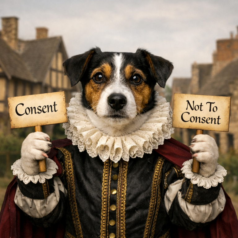 Dog in Elizabethan costume holding “Consent” and “Not to Consent” signs illustrating tenant pet rights