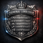 Shield graphic highlighting offences by criminal landlords amid tougher enforcement and low fine collection rates