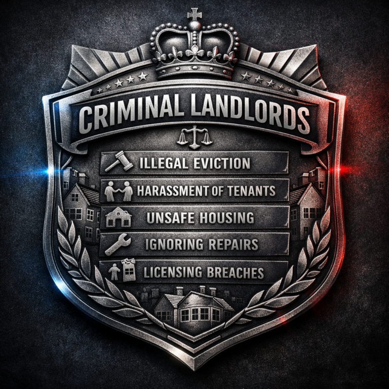 Shield graphic highlighting offences by criminal landlords amid tougher enforcement and low fine collection rates