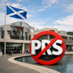 Scottish Parliament building with a crossed-out PRS symbol highlighting calls to reduce private renting