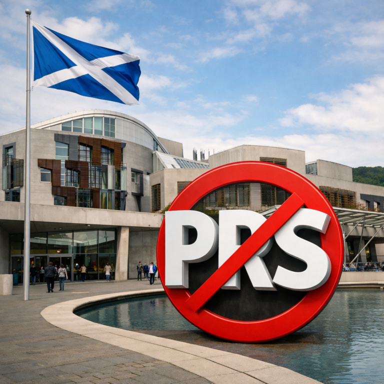 Scottish Parliament building with a crossed-out PRS symbol highlighting calls to reduce private renting