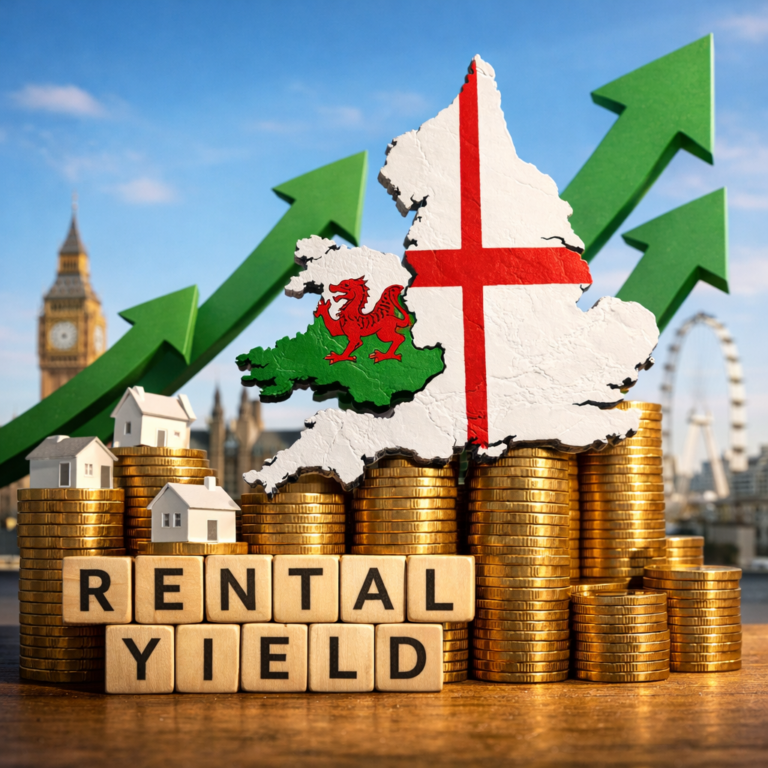 Map of England and Wales with rising arrows and coins illustrating increasing rental yields