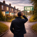 Landlord facing diverging paths with exit sign and rental properties in background