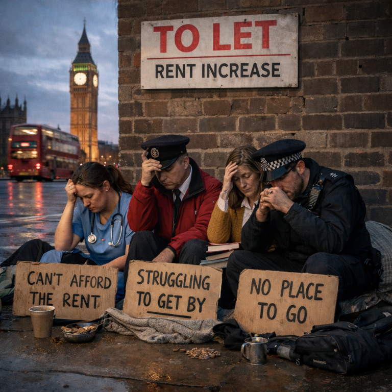 Key workers sitting on a London street with signs about rent struggles beneath a “To Let Rent Increase” notice