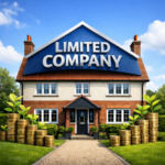 House with “Limited Company” sign and growing coin stacks symbolising landlord investment and rising yields