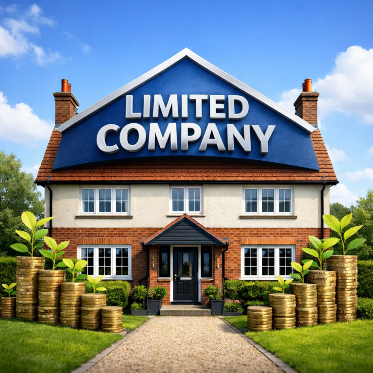House with “Limited Company” sign and growing coin stacks symbolising landlord investment and rising yields