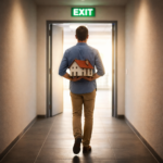 Landlord carrying a model house walking toward an exit, symbolising leaving the rental market