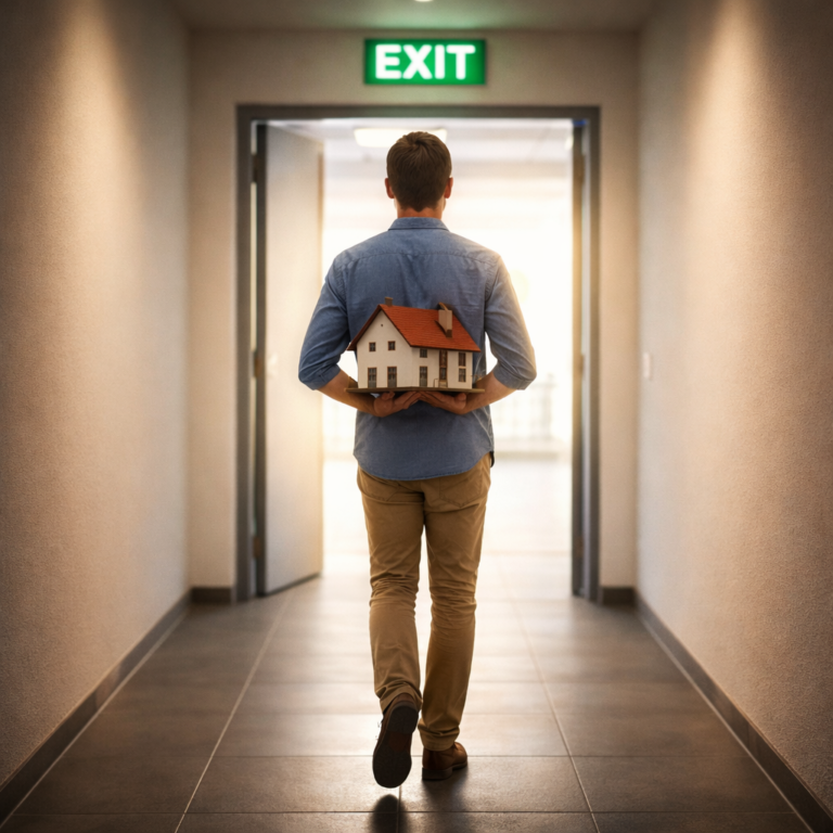 Landlord carrying a model house walking toward an exit, symbolising leaving the rental market