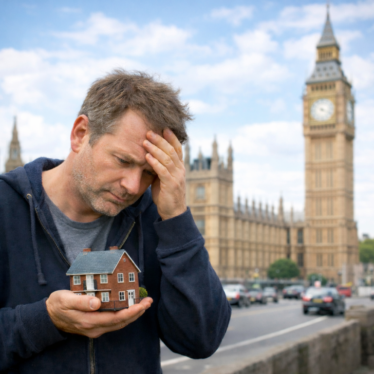 Worried landlord holding model house near Parliament, reflecting UK rental market uncertainty