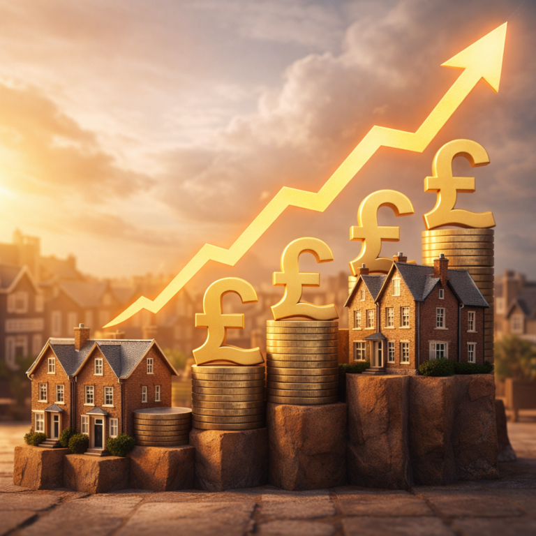 Rising UK house prices illustrated by increasing pound symbols and homes on stacked coins