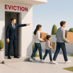 Landlord evicting a family carrying boxes from a home during a forced move