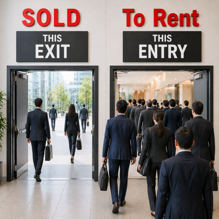 Split scene showing people exiting a sold property and entering a rental market amid landlord trend changes