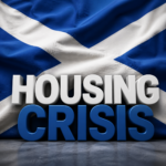 “Housing crisis” text over Scottish flag representing Scotland’s rental sector debate