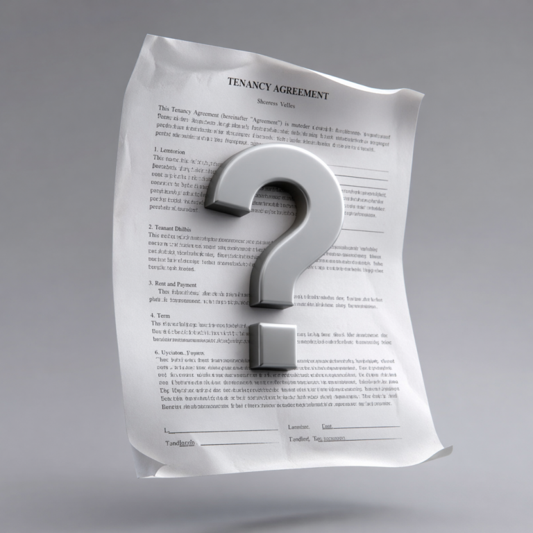 Tenancy agreement document with a large question mark highlighting uncertainty around rental insurance terms