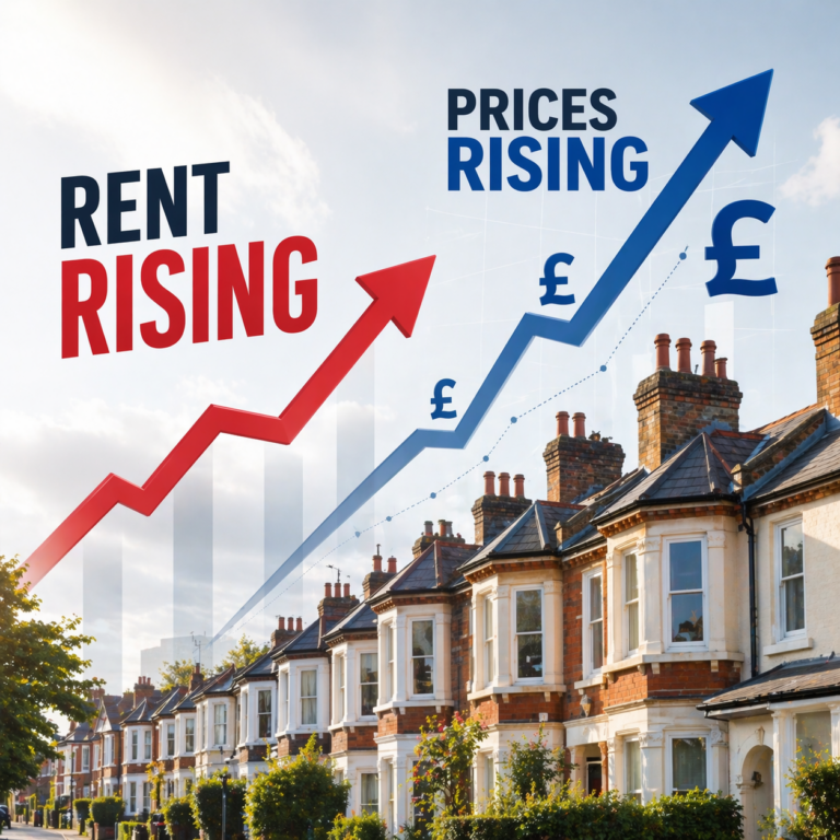 UK terraced houses with upward arrows showing rising rents and property prices