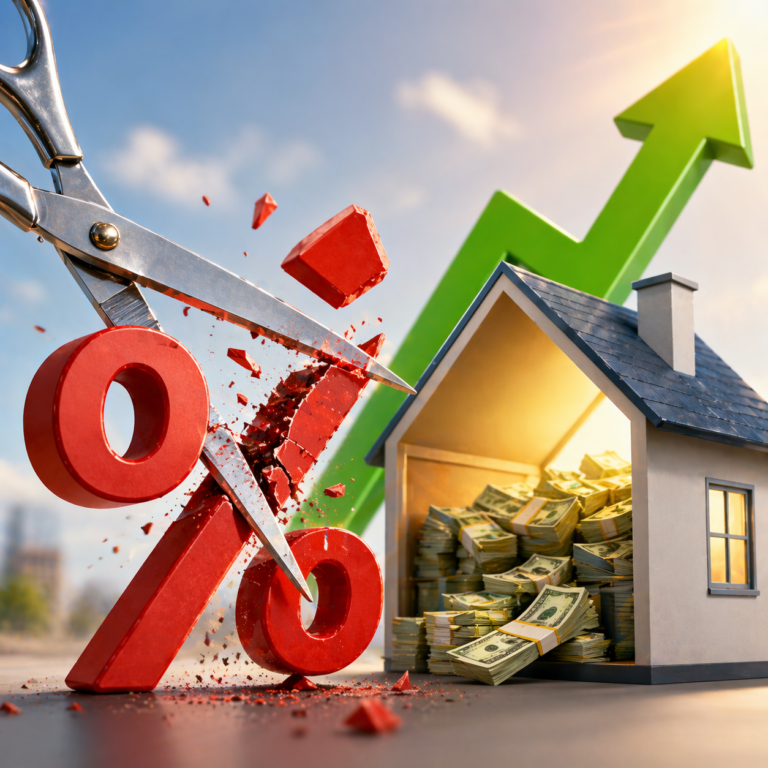 Scissors cutting a percentage symbol beside a house filled with cash and an upward arrow