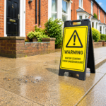 Warning sign beside a residential pavement leak highlighting underground water pipe issues for landlords