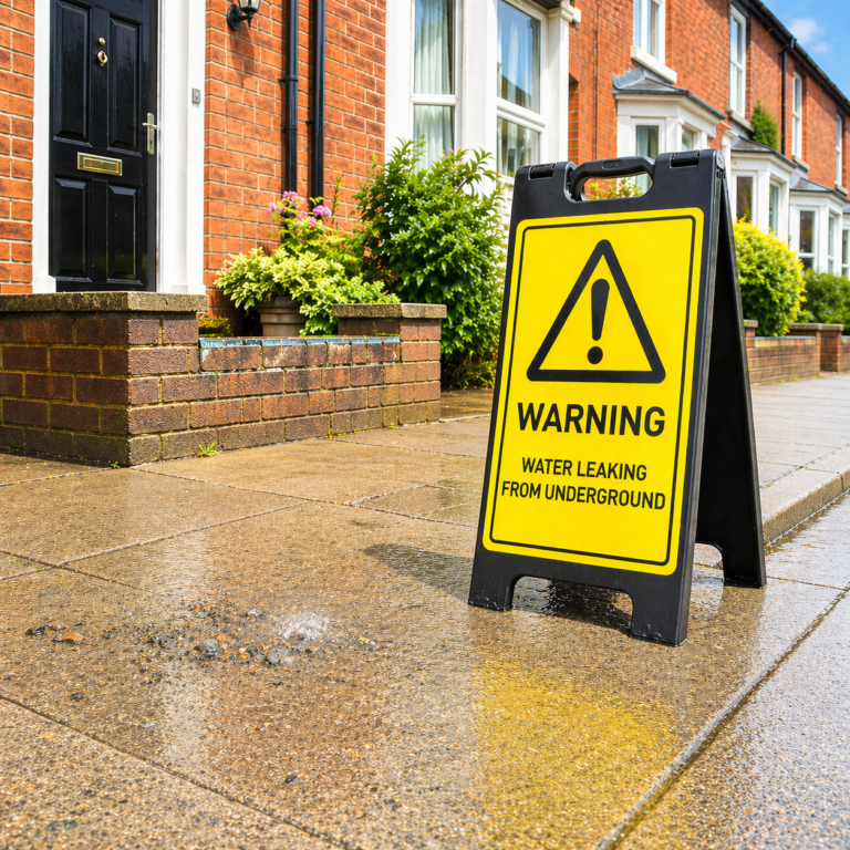 Warning sign beside a residential pavement leak highlighting underground water pipe issues for landlords