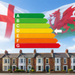 Energy efficiency rating scale over UK homes with England and Wales housing and flags in background