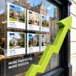 Estate agency window with property listings and upward arrow reflecting rising homes for sale in England