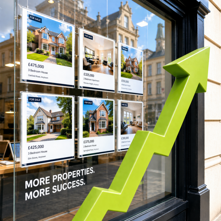 Estate agency window with property listings and upward arrow reflecting rising homes for sale in England