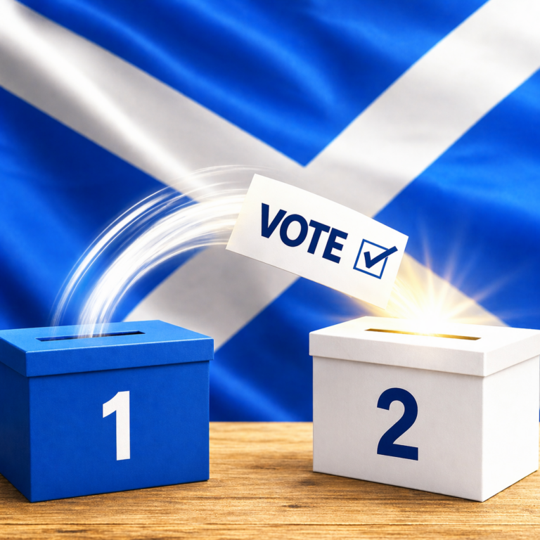 Ballot paper being cast between two voting boxes against Scottish flag backdrop, symbolising election choice