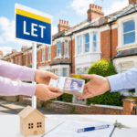 Tenant handing over cash for rental move costs in front of a to-let property sign