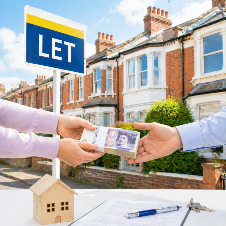 Tenant handing over cash for rental move costs in front of a to-let property sign