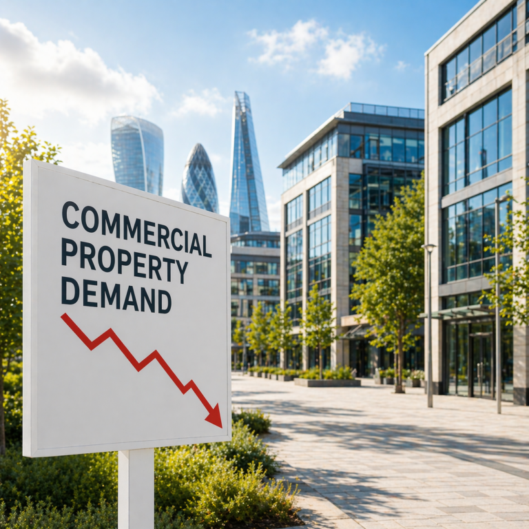 Sign showing declining commercial property demand with downward arrow outside modern office buildings
