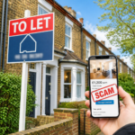 To let sign outside a house with smartphone showing rental listing marked as scam