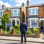Young professional viewing two UK houses with sold and to rent signs, illustrating Gen Z property investment trends