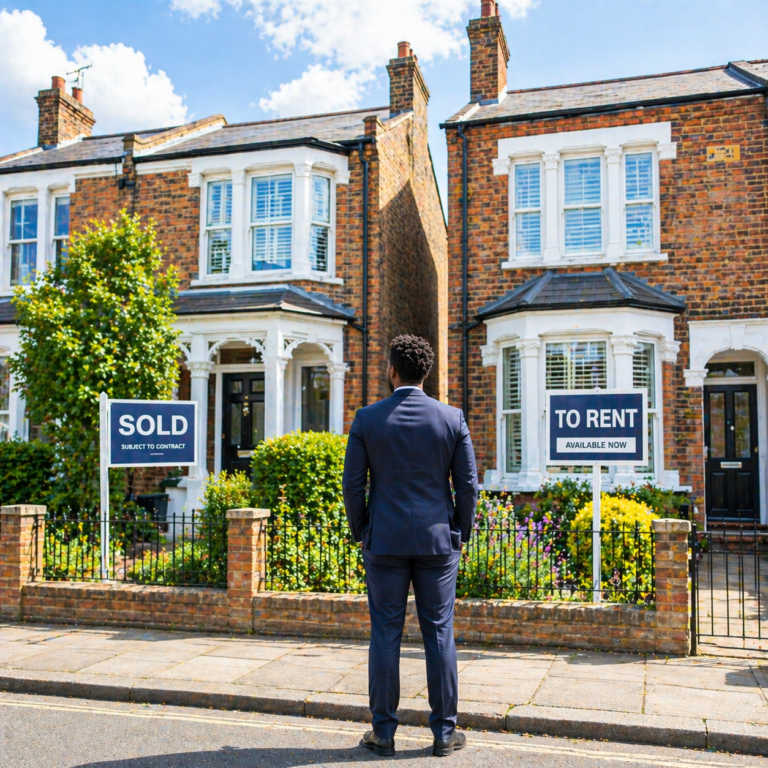Young professional viewing two UK houses with sold and to rent signs, illustrating Gen Z property investment trends